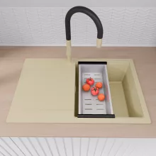 HD Onyx Beige 78 egymedencés gránit mosogatótálca szett, csepegtetőtálcával, vágódeszkával, acél csepegtetőráccsal és kosárral, soft bézs színben, szálcsiszolt arany leeresztő szifonnal