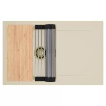 HD Onyx Beige 78 egymedencés gránit mosogatótálca szett, csepegtetőtálcával, vágódeszkával, acél csepegtetőráccsal, soft bézs színben, szálcsiszolt arany leeresztő szifonnal