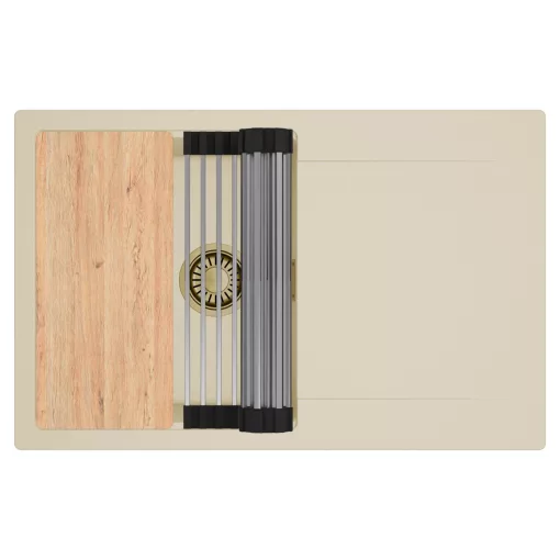 HD Onyx Beige 78 egymedencés gránit mosogatótálca szett, csepegtetőtálcával, vágódeszkával, acél csepegtetőráccsal, soft bézs színben, szálcsiszolt arany leeresztő szifonnal