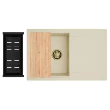 HD Onyx Beige 78 egymedencés gránit mosogatótálca szett, csepegtetőtálcával, vágódeszkával, matt fekete csepegtetőkosárral, soft bézs színben, szálcsiszolt arany leeresztő szifonnal