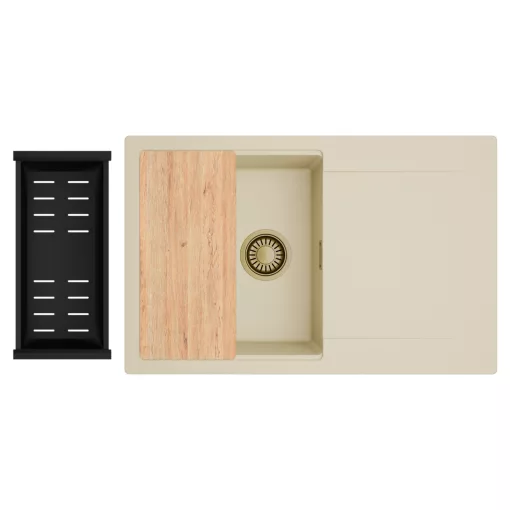 HD Onyx Beige 78 egymedencés gránit mosogatótálca szett, csepegtetőtálcával, vágódeszkával, matt fekete csepegtetőkosárral, soft bézs színben, szálcsiszolt arany leeresztő szifonnal