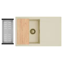 HD Onyx Beige 78 egymedencés gránit mosogatótálca szett, csepegtetőtálcával, vágódeszkával, acél csepegtetőkosárral, soft bézs színben, szálcsiszolt arany leeresztő szifonnal