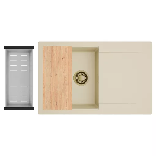 HD Onyx Beige 78 egymedencés gránit mosogatótálca szett, csepegtetőtálcával, vágódeszkával, acél csepegtetőkosárral, soft bézs színben, szálcsiszolt arany leeresztő szifonnal