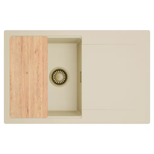 HD Onyx Beige 78 egymedencés gránit mosogatótálca, vágódeszkával, soft bézs színben, szálcsiszolt arany leeresztő szifonnal