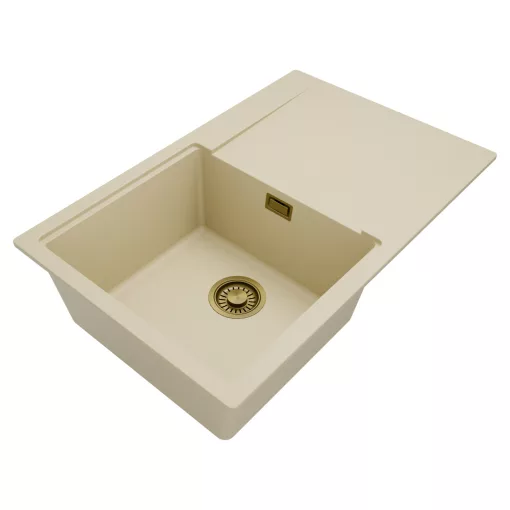 HD Onyx Beige 78 egymedencés gránit mosogatótálca, vágódeszkával, soft bézs színben, szálcsiszolt arany leeresztő szifonnal