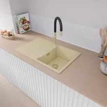 HD Onyx Beige 78 egymedencés gránit mosogatótálca, vágódeszkával, soft bézs színben, szálcsiszolt arany leeresztő szifonnal