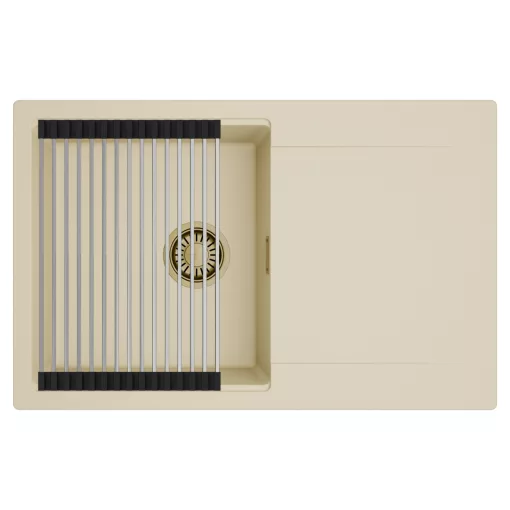 HD Onyx Beige 78 egymedencés mosogatótálca szett, acél csepegtetőráccsal, csepegtetőtálcával, soft bézs színben, szálcsiszolt arany leeresztő szifonnal