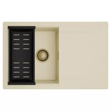 HD Onyx Beige 78 egymedencés mosogatótálca szett, matt fekete csepegtetőkosárral, csepegtetőtálcával, soft bézs színben, szálcsiszolt arany leeresztő szifonnal