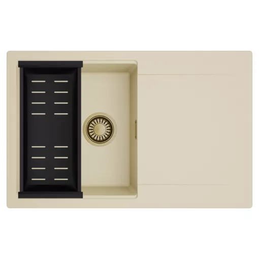 HD Onyx Beige 78 egymedencés mosogatótálca szett, matt fekete csepegtetőkosárral, csepegtetőtálcával, soft bézs színben, szálcsiszolt arany leeresztő szifonnal