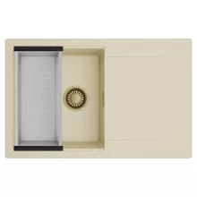 HD Onyx Beige 78 egymedencés mosogatótálca szett, acél csepegtetőkosárral, csepegtetőtálcával, soft bézs színben, szálcsiszolt arany leeresztő szifonnal