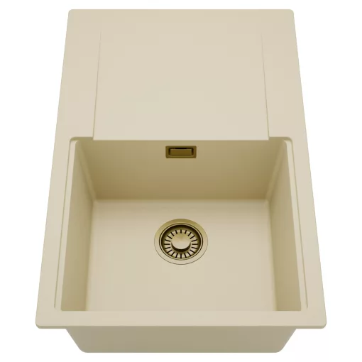 HD Onyx Beige 78 egymedencés mosogatótálca, csepegtetőtálcával, soft bézs színben, szálcsiszolt arany leeresztő szifonnal