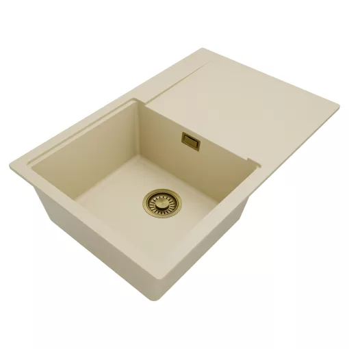 HD Onyx Beige 78 egymedencés mosogatótálca, csepegtetőtálcával, soft bézs színben, szálcsiszolt arany leeresztő szifonnal