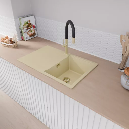 HD Onyx Beige 78 egymedencés mosogatótálca, csepegtetőtálcával, soft bézs színben, szálcsiszolt arany leeresztő szifonnal
