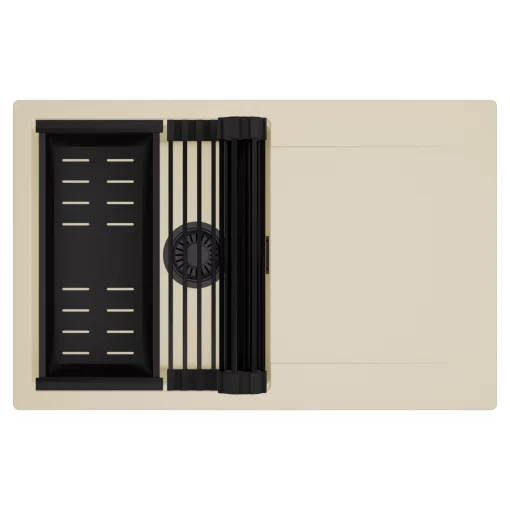 HD Onyx Beige 78 egymedencés mosogatótálca szett, matt fekete csepegtetőráccsal és kosárral, csepegtetőtálcával, soft bézs színben, matt fekete leeresztő szifonnal