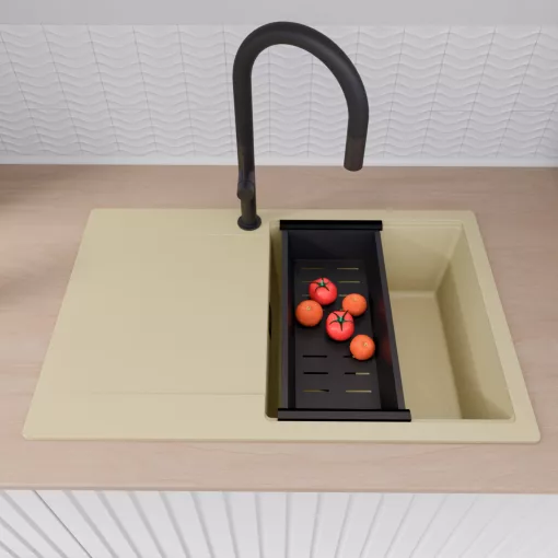 HD Onyx Beige 78 egymedencés mosogatótálca szett, matt fekete csepegtetőráccsal és kosárral, csepegtetőtálcával, soft bézs színben, matt fekete leeresztő szifonnal