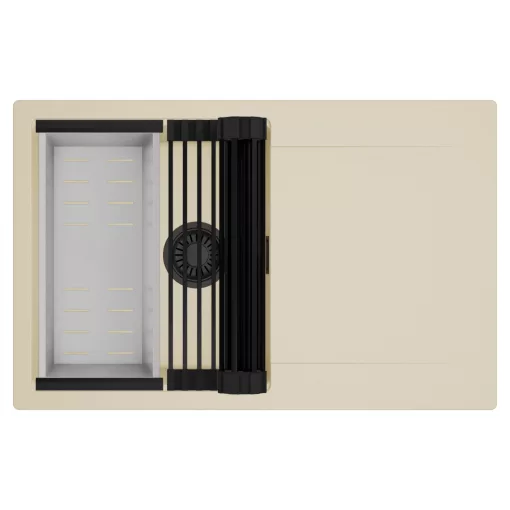 HD Onyx Beige 78 egymedencés mosogatótálca szett, matt fekete csepegtetőráccsal és krómozott kosárral, csepegtetőtálcával, soft bézs színben, matt fekete leeresztő szifonnal