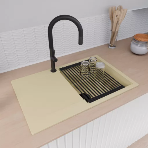 HD Onyx Beige 78 egymedencés mosogatótálca szett, matt fekete csepegtetőráccsal és krómozott kosárral, csepegtetőtálcával, soft bézs színben, matt fekete leeresztő szifonnal