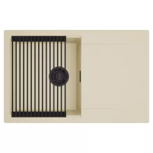 HD Onyx Beige 78 egymedencés mosogatótálca szett, matt fekete csepegtetőráccsal, csepegtetőtálcával, soft bézs színben, matt fekete leeresztő szifonnal