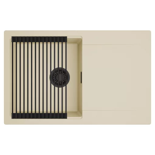 HD Onyx Beige 78 egymedencés mosogatótálca szett, matt fekete csepegtetőráccsal, csepegtetőtálcával, soft bézs színben, matt fekete leeresztő szifonnal