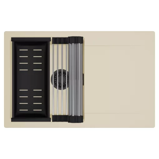 HD Onyx Beige 78 egymedencés mosogatótálca szett, acél csepegtetőráccsal és matt fekete kosárral, csepegtetőtálcával, soft bézs színben, matt fekete leeresztő szifonnal