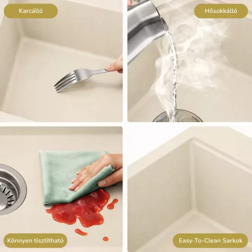 HD Onyx Beige 78 egymedencés mosogatótálca szett, acél csepegtetőráccsal és matt fekete kosárral, csepegtetőtálcával, soft bézs színben, matt fekete leeresztő szifonnal