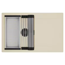 HD Onyx Beige 78 egymedencés mosogatótálca szett, acél csepegtetőráccsal és kosárral, csepegtetőtálcával, soft bézs színben, matt fekete leeresztő szifonnal