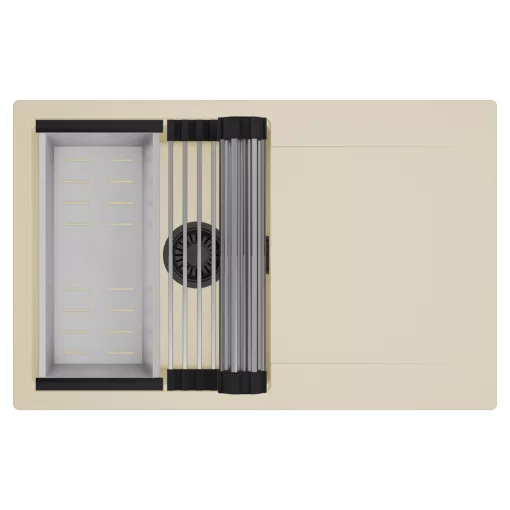 HD Onyx Beige 78 egymedencés mosogatótálca szett, acél csepegtetőráccsal és kosárral, csepegtetőtálcával, soft bézs színben, matt fekete leeresztő szifonnal