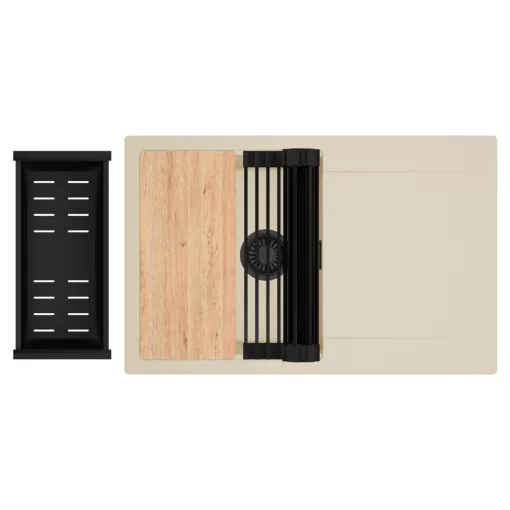 HD Onyx Beige 78 egymedencés gránit mosogatótálca szett, csepegtetőtálcával, vágódeszkával, matt fekete csepegtetőráccsal és kosárral, soft bézs színben, matt fekete leeresztő szifonnal