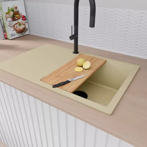 HD Onyx Beige 78 egymedencés gránit mosogatótálca szett, csepegtetőtálcával, vágódeszkával, matt fekete csepegtetőráccsal és kosárral, soft bézs színben, matt fekete leeresztő szifonnal