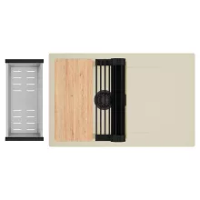 HD Onyx Beige 78 egymedencés gránit mosogatótálca szett, csepegtetőtálcával, vágódeszkával, matt fekete csepegtetőráccsal és krómozott kosárral, soft bézs színben, matt fekete leeresztő szifonnal