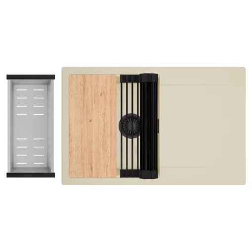 HD Onyx Beige 78 egymedencés gránit mosogatótálca szett, csepegtetőtálcával, vágódeszkával, matt fekete csepegtetőráccsal és krómozott kosárral, soft bézs színben, matt fekete leeresztő szifonnal