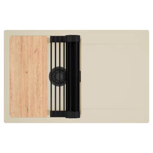 HD Onyx Beige 78 egymedencés gránit mosogatótálca szett, csepegtetőtálcával, vágódeszkával, matt fekete csepegtetőráccsal, soft bézs színben, matt fekete leeresztő szifonnal