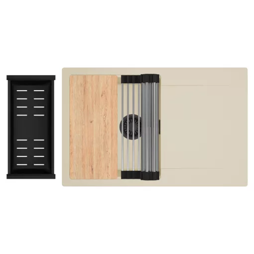 HD Onyx Beige 78 egymedencés gránit mosogatótálca szett, csepegtetőtálcával, vágódeszkával, acél csepegtetőráccsal és matt fekete kosárral, soft bézs színben, matt fekete leeresztő szifonnal