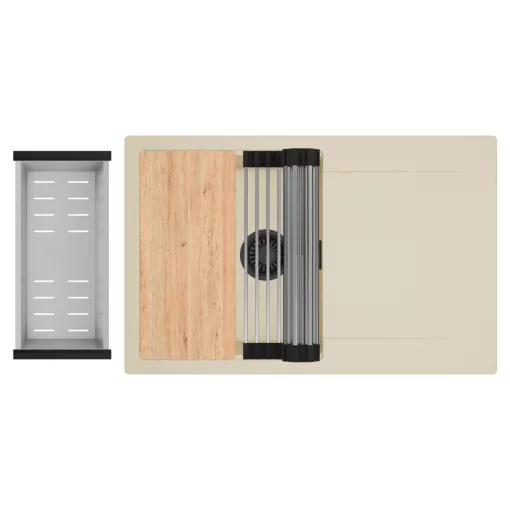 HD Onyx Beige 78 egymedencés gránit mosogatótálca szett, csepegtetőtálcával, vágódeszkával, acél csepegtetőráccsal és kosárral, soft bézs színben, matt fekete leeresztő szifonnal