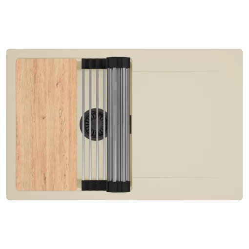 HD Onyx Beige 78 egymedencés gránit mosogatótálca szett, csepegtetőtálcával, vágódeszkával, acél csepegtetőráccsal, soft bézs színben, matt fekete leeresztő szifonnal