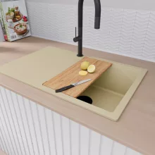 HD Onyx Beige 78 egymedencés gránit mosogatótálca szett, csepegtetőtálcával, vágódeszkával, acél csepegtetőráccsal, soft bézs színben, matt fekete leeresztő szifonnal