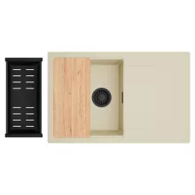 HD Onyx Beige 78 egymedencés gránit mosogatótálca szett, csepegtetőtálcával, vágódeszkával, matt fekete csepegtetőkosárral, soft bézs színben, matt fekete leeresztő szifonnal