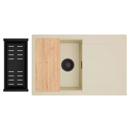 HD Onyx Beige 78 egymedencés gránit mosogatótálca szett, csepegtetőtálcával, vágódeszkával, matt fekete csepegtetőkosárral, soft bézs színben, matt fekete leeresztő szifonnal