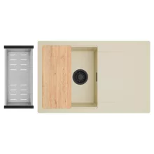 HD Onyx Beige 78 egymedencés gránit mosogatótálca szett, csepegtetőtálcával, vágódeszkával, acél csepegtetőkosárral, soft bézs színben, matt fekete leeresztő szifonnal