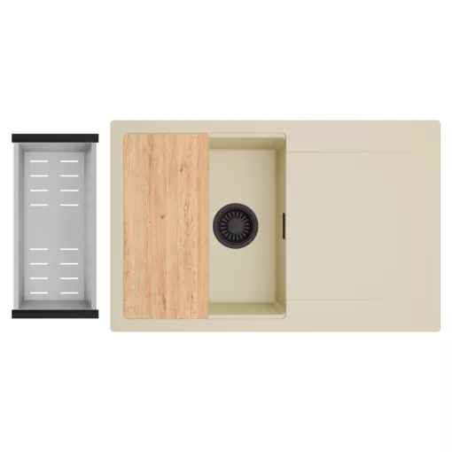 HD Onyx Beige 78 egymedencés gránit mosogatótálca szett, csepegtetőtálcával, vágódeszkával, acél csepegtetőkosárral, soft bézs színben, matt fekete leeresztő szifonnal