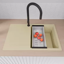 HD Onyx Beige 78 egymedencés gránit mosogatótálca szett, csepegtetőtálcával, vágódeszkával, acél csepegtetőkosárral, soft bézs színben, matt fekete leeresztő szifonnal