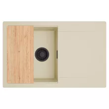 HD Onyx Beige 78 egymedencés gránit mosogatótálca, vágódeszkával, soft bézs színben, matt fekete leeresztő szifonnal