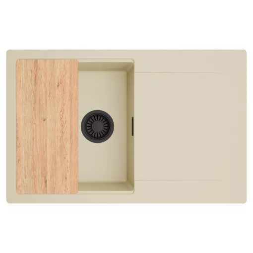 HD Onyx Beige 78 egymedencés gránit mosogatótálca, vágódeszkával, soft bézs színben, matt fekete leeresztő szifonnal
