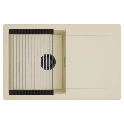 HD Onyx Beige 78 egymedencés mosogatótálca szett, acél csepegtetőráccsal, csepegtetőtálcával, soft bézs színben, matt fekete leeresztő szifonnal