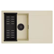 HD Onyx Beige 78 egymedencés mosogatótálca szett, matt fekete csepegtetőkosárral, csepegtetőtálcával, soft bézs színben, matt fekete leeresztő szifonnal