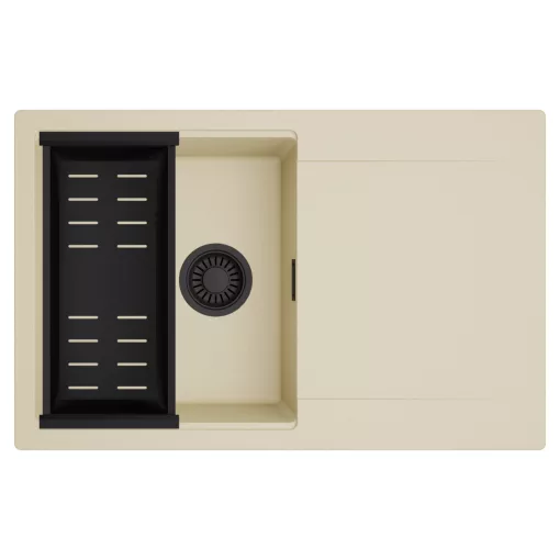 HD Onyx Beige 78 egymedencés mosogatótálca szett, matt fekete csepegtetőkosárral, csepegtetőtálcával, soft bézs színben, matt fekete leeresztő szifonnal