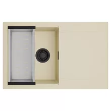 HD Onyx Beige 78 egymedencés mosogatótálca szett, acél csepegtetőkosárral, csepegtetőtálcával, soft bézs színben, matt fekete leeresztő szifonnal