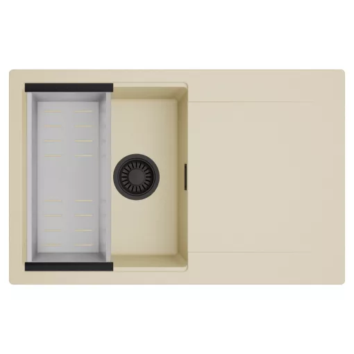 HD Onyx Beige 78 egymedencés mosogatótálca szett, acél csepegtetőkosárral, csepegtetőtálcával, soft bézs színben, matt fekete leeresztő szifonnal