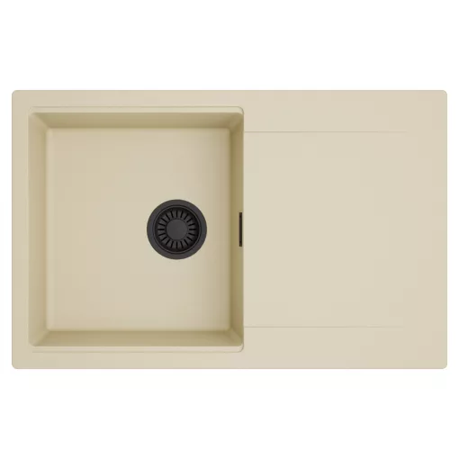 HD Onyx Beige 78 egymedencés mosogatótálca, csepegtetőtálcával, soft bézs színben, matt fekete leeresztő szifonnal