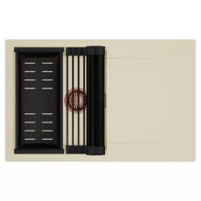 HD Onyx Beige 78 egymedencés mosogatótálca szett, matt fekete csepegtetőráccsal és kosárral, csepegtetőtálcával, soft bézs színben, szálcsiszolt réz leeresztő szifonnal